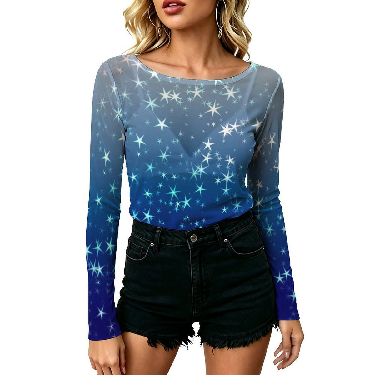 Big Round Neck Long Sleeved Shirt Stars, Blue, Gradients