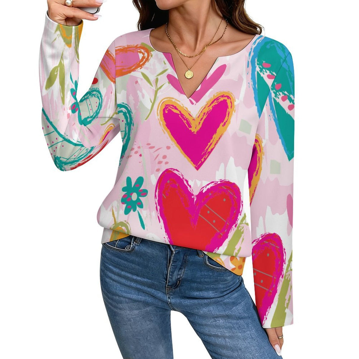 Blusa Personalizada de Manga Larga con Cuello en V para Mujer