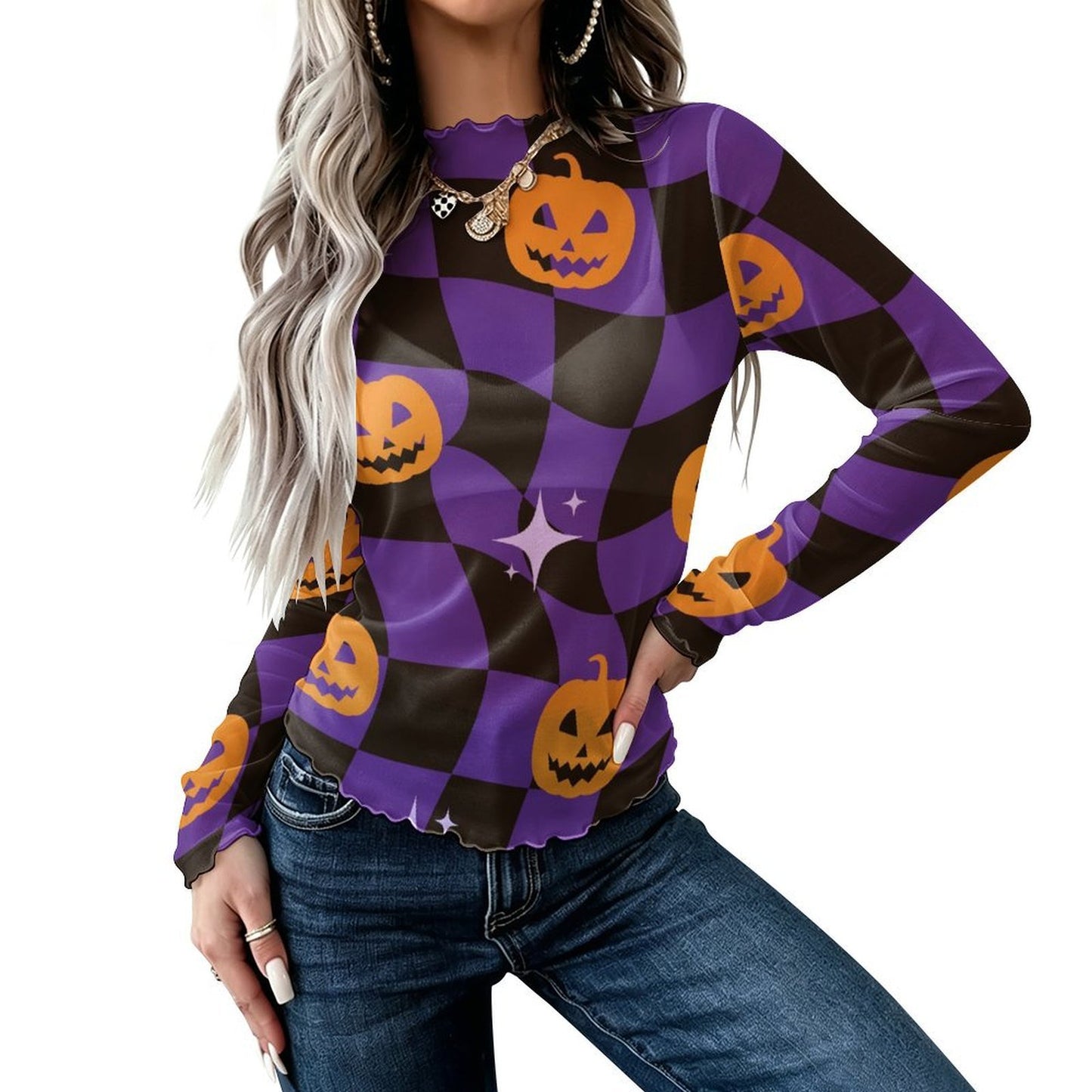 Blusa de Manga Larga con Cuello Alto y Tejido de Malla para Mujer