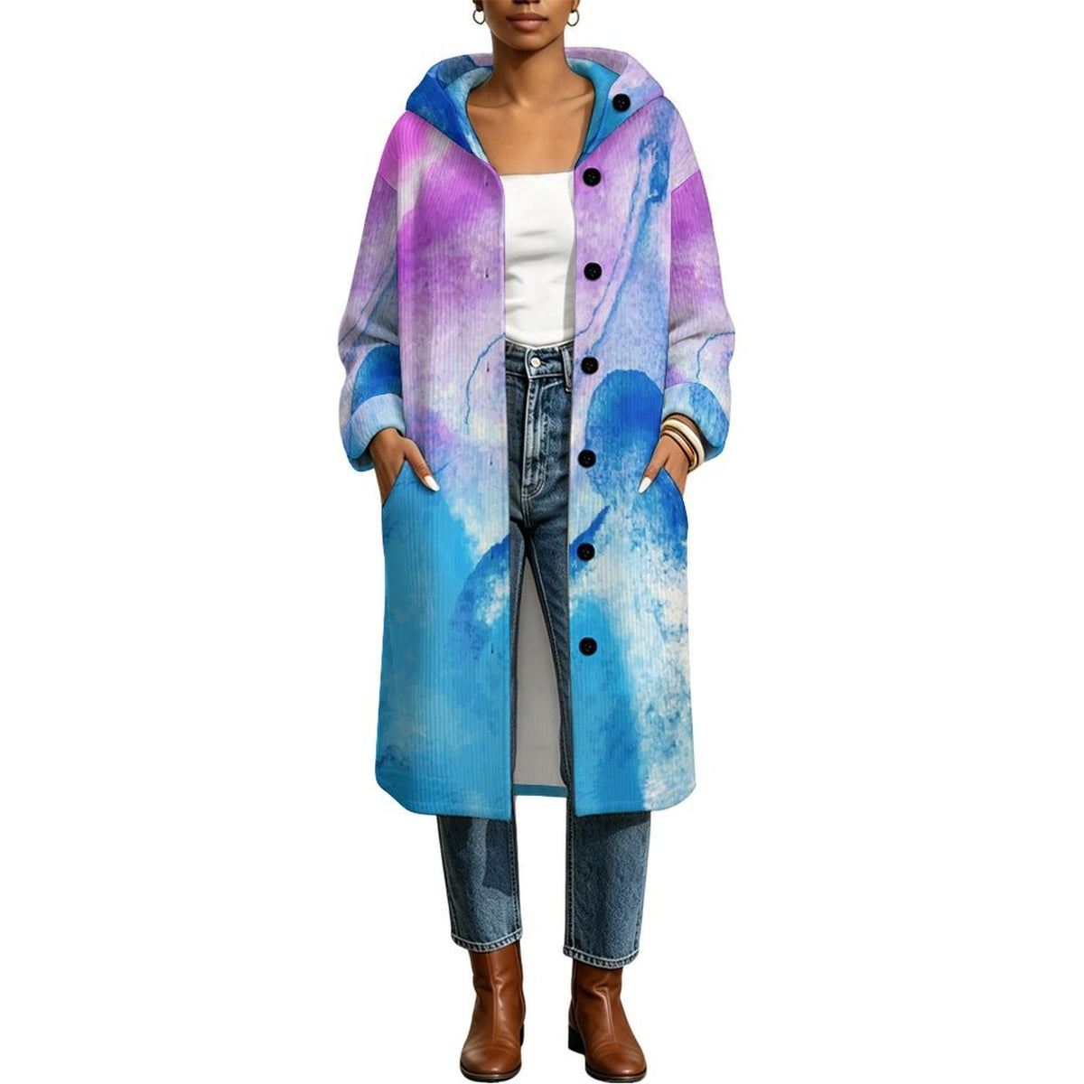 Long Lined Hooded Jacket Color Tie Dyeing
