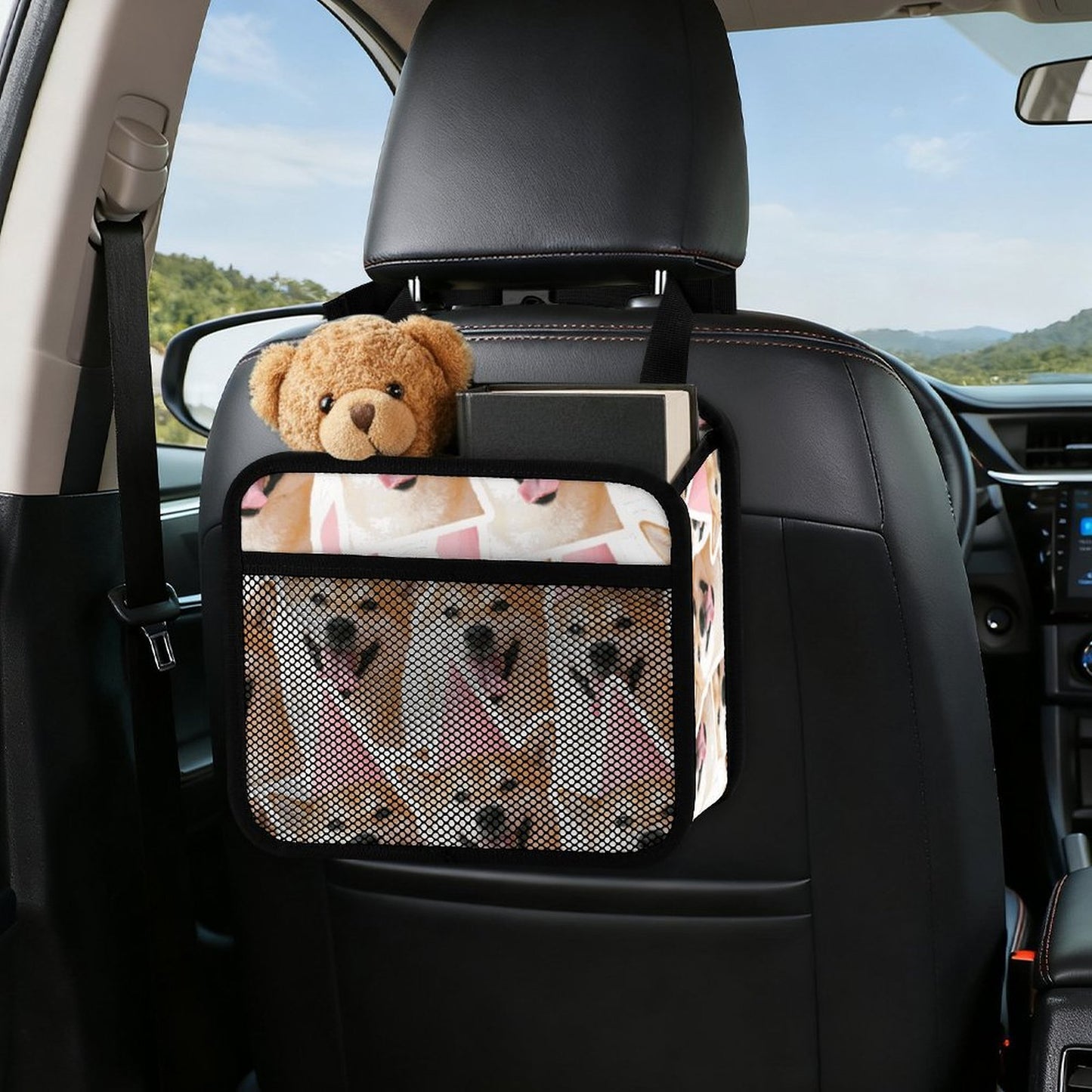 Organizador para asiento de auto personalizable en piel sintética PU con bolsillo de malla