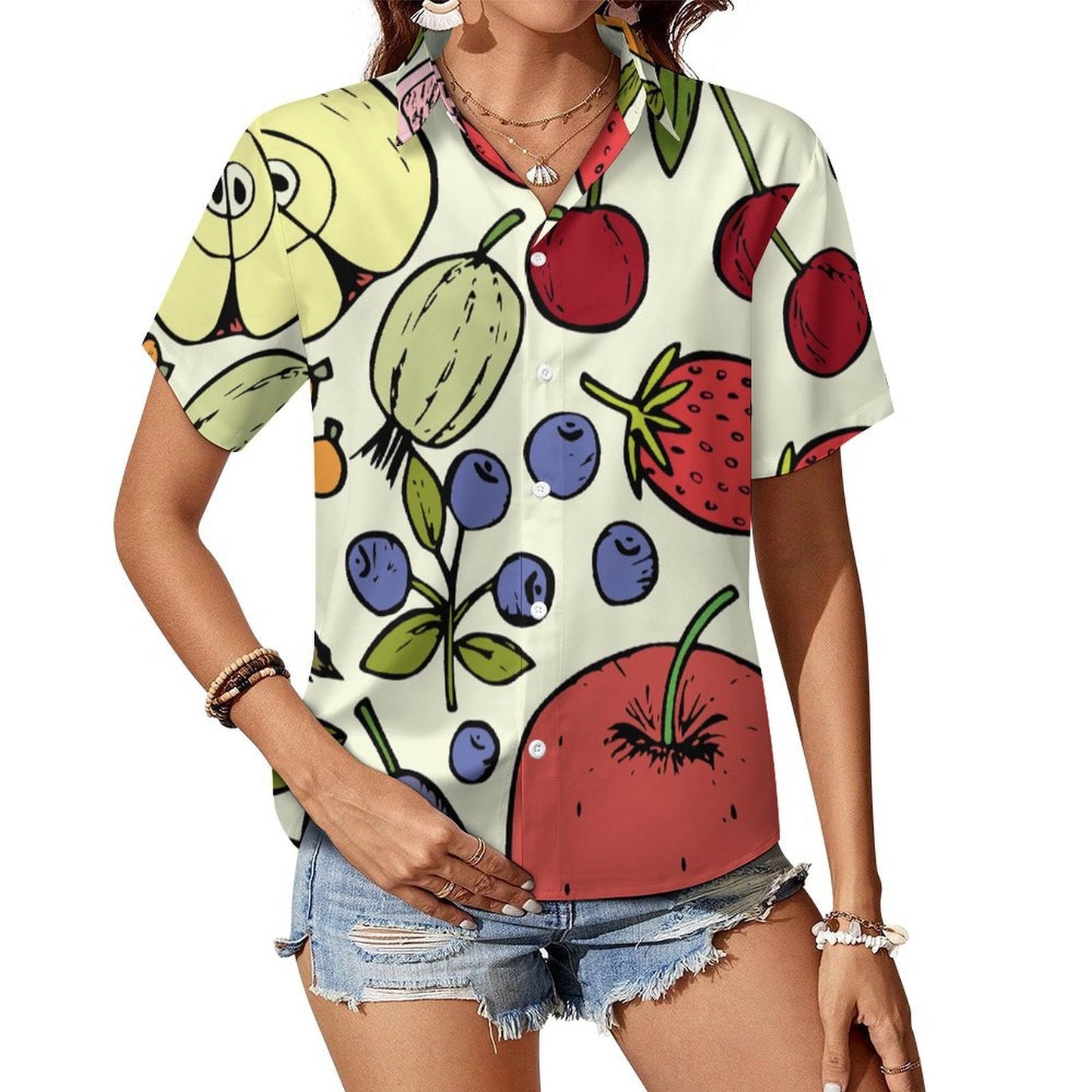 Camisa Personalizada de Manga Corta para Mujer con Cuello y Estampado Completo
