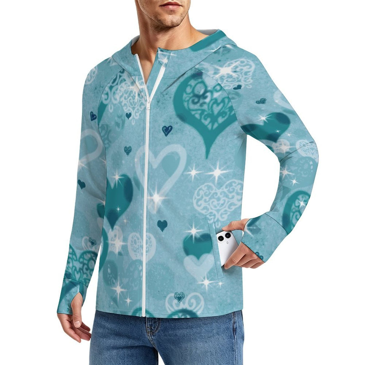 Sunscreen Hooded Long Sleeved Jacket Blue Heart