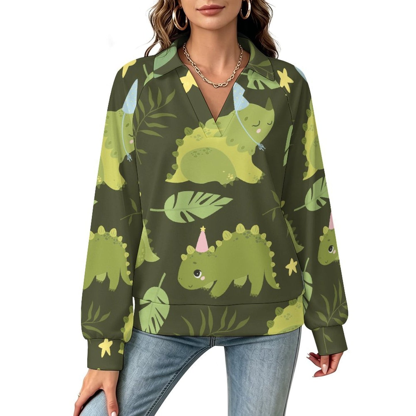 Casual Long Sleeve V-Neck Sweatshirt Green, Dinosaur Pattern