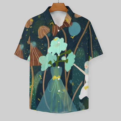 A Short Sleeved Shirt Forest, Mushroom, Girl, Cat
