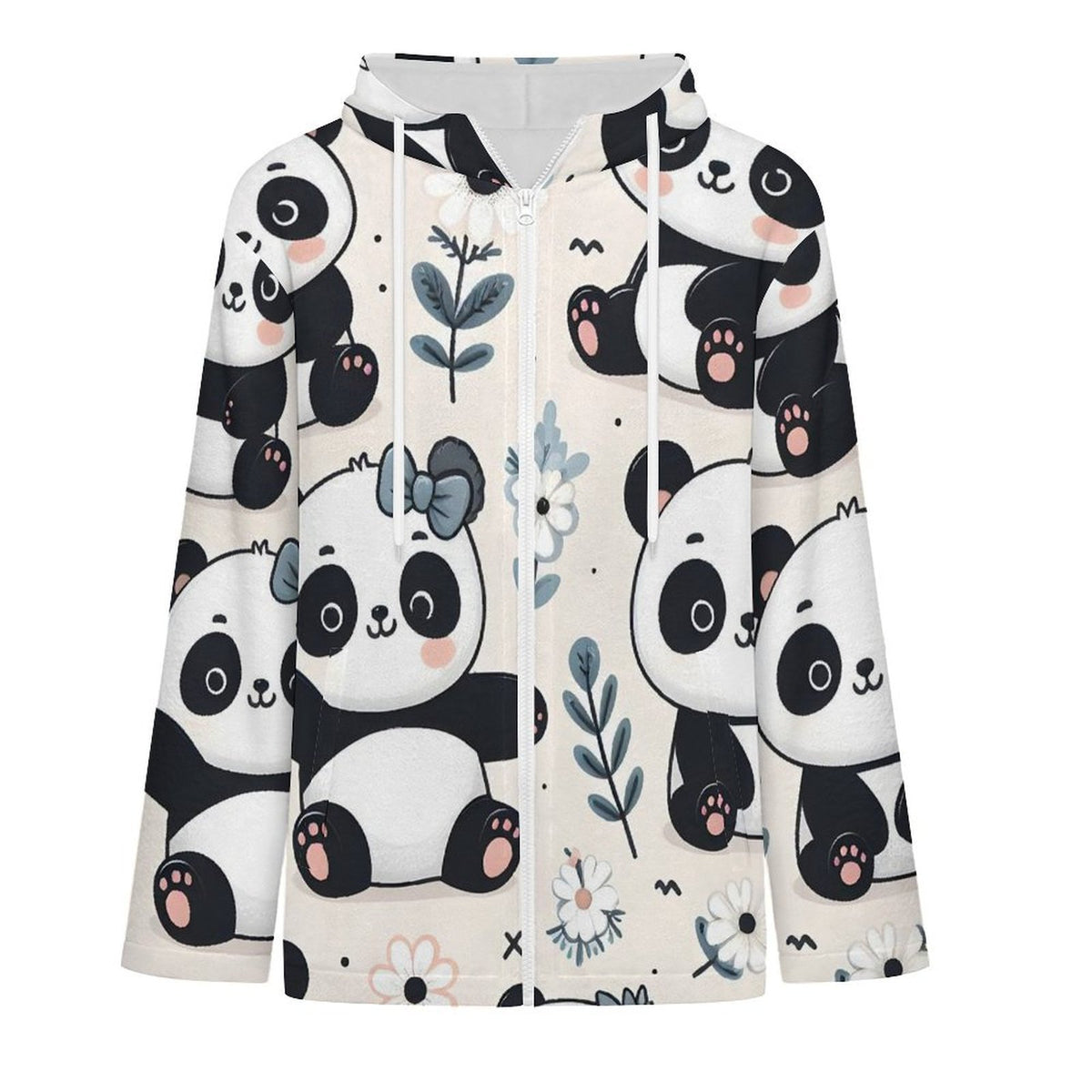 Fleece Jacket with Hood Panda, White Flower