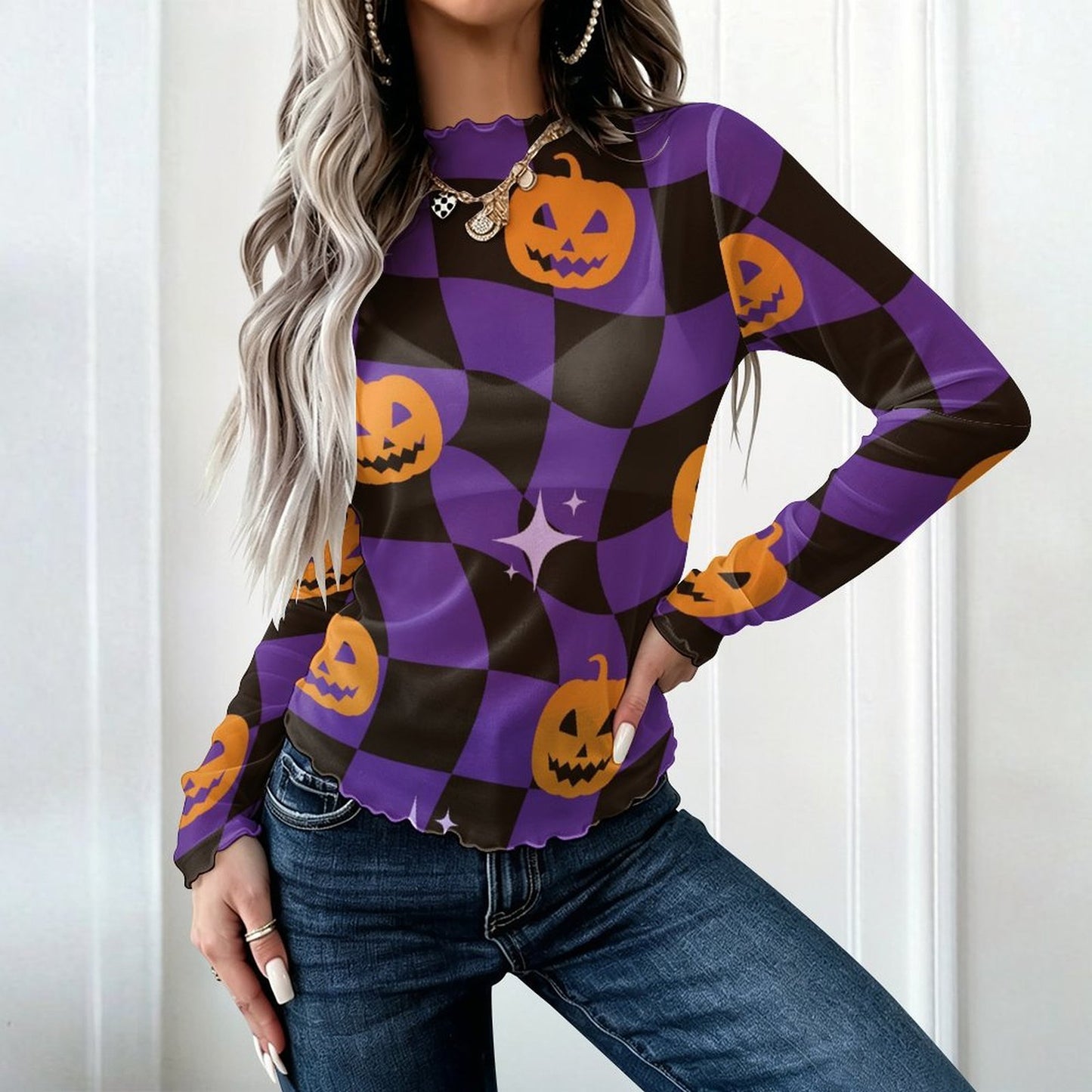 Blusa de Manga Larga con Cuello Alto y Tejido de Malla para Mujer
