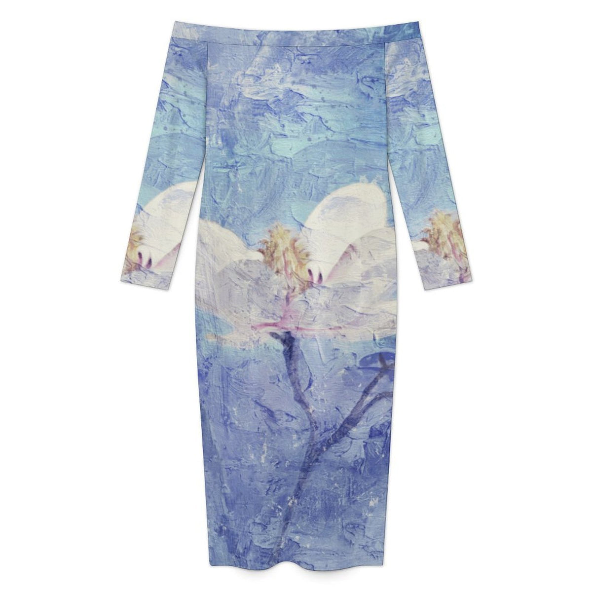 Off-shoulder Long-sleeved Dress Oil Painting, Purple, Flowers
