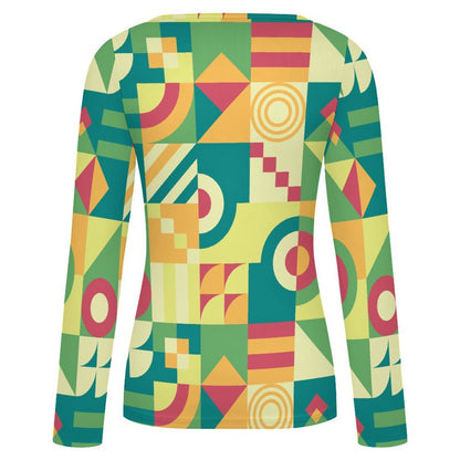 Women's Square Neck Long Sleeved Shirt Green, Puzzle, Abstract Pattern