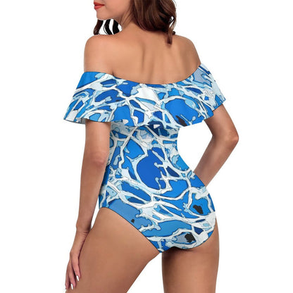 Traje de baño de una pieza personalizable con hombros descubiertos y olanes