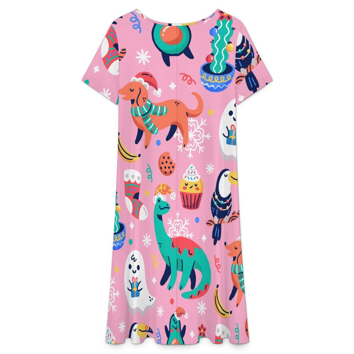 Short Sleeved V-neck Dress Dinosaurs, Ghosts, Party