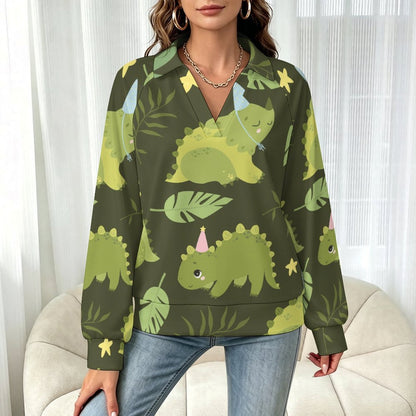 Casual Long Sleeve V-Neck Sweatshirt Green, Dinosaur Pattern