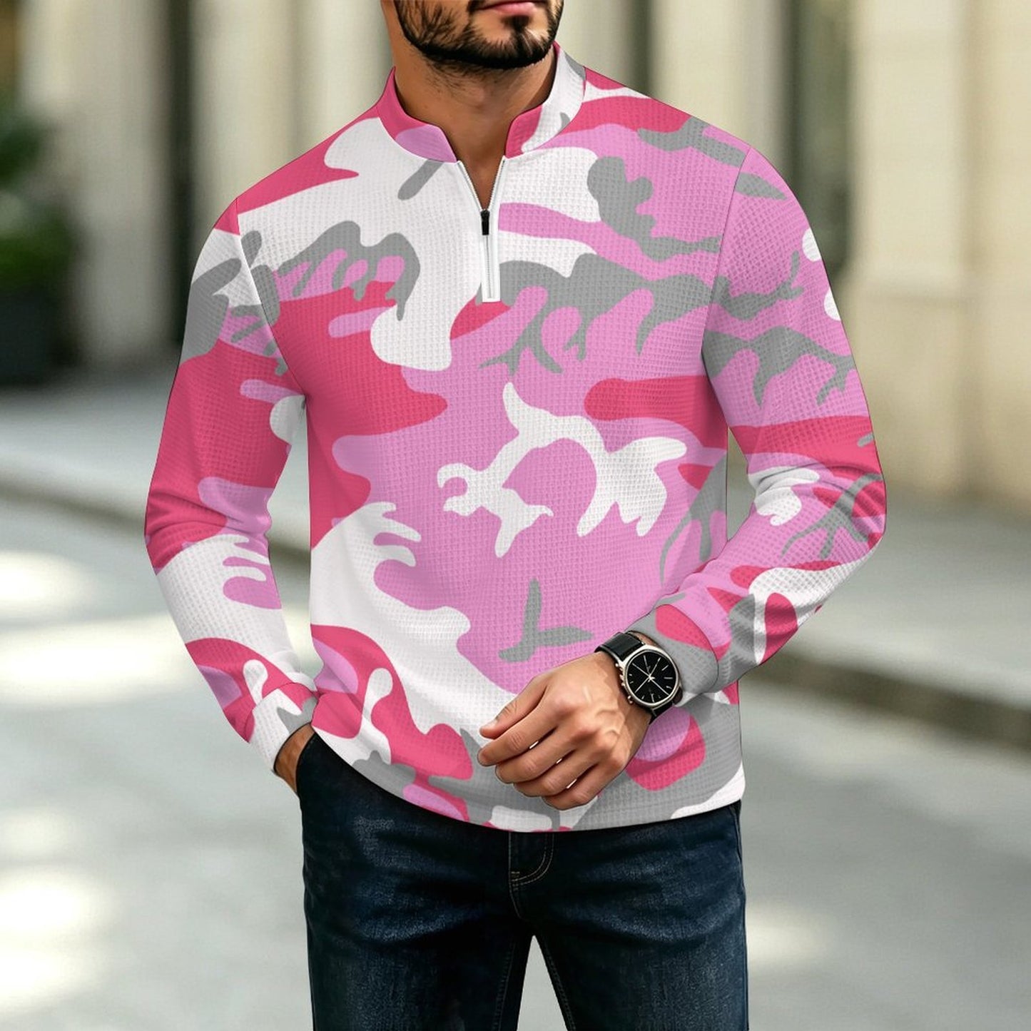 Sudadera Hombre Cuello Alto Medio Cierre Tejido Waffle Personalizable