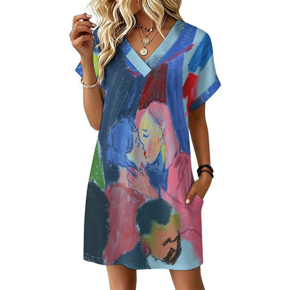Vestido Casual de Mujer con Escote en V y Puños Doblados, Personalizable