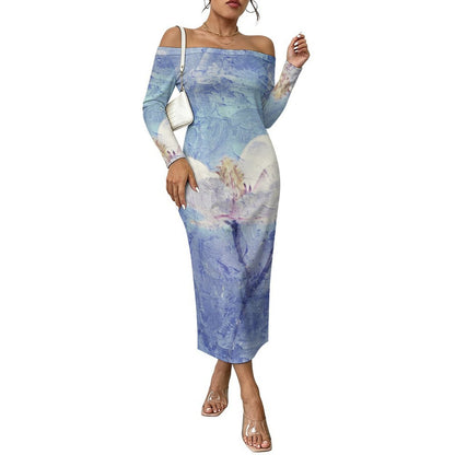 Off-shoulder Long-sleeved Dress Oil Painting, Purple, Flowers
