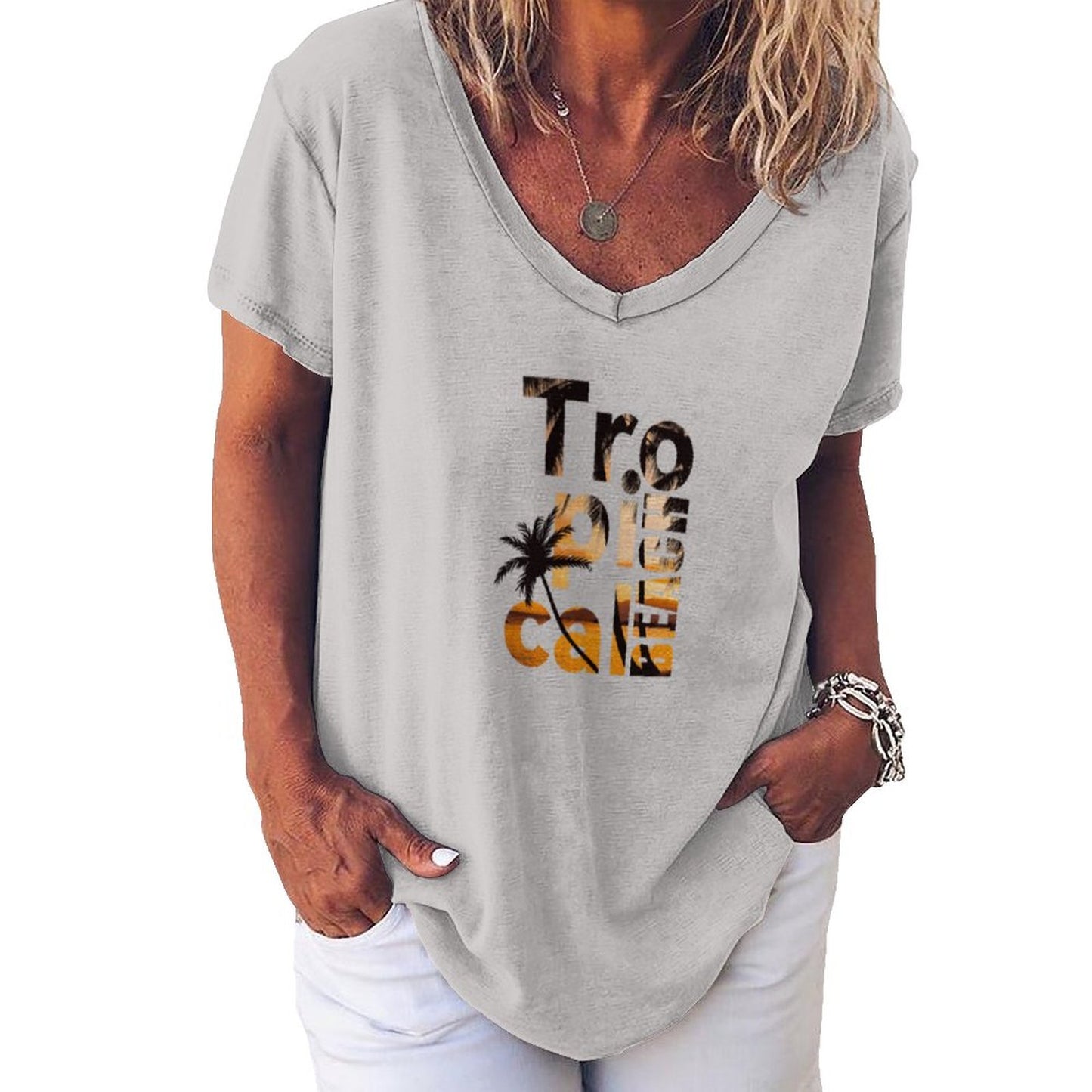 Playera Holgada Cuello en V Personalizada | Corte Relajado para Mujer