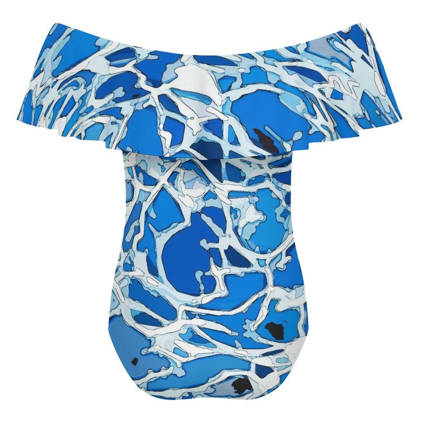 Traje de baño de una pieza personalizable con hombros descubiertos y olanes