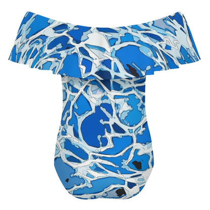 Traje de baño de una pieza personalizable con hombros descubiertos y olanes