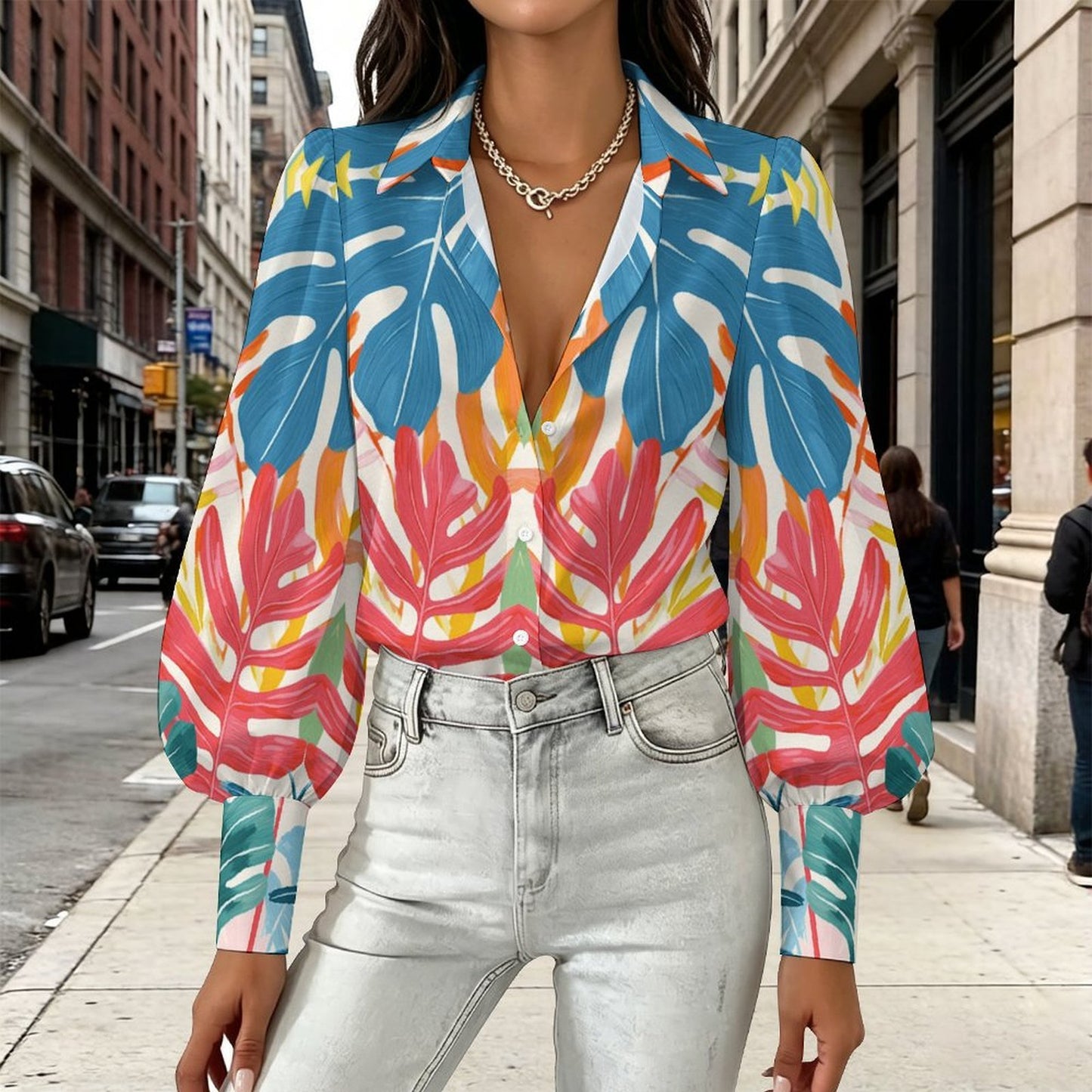 Blusa para Mujer con Mangas Globo y Estampado Personalizado en Tela Elástica