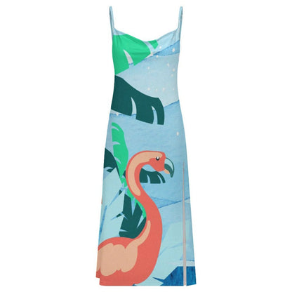 Vestido largo de tirantes con abertura lateral y personalización de diseño en tela suave