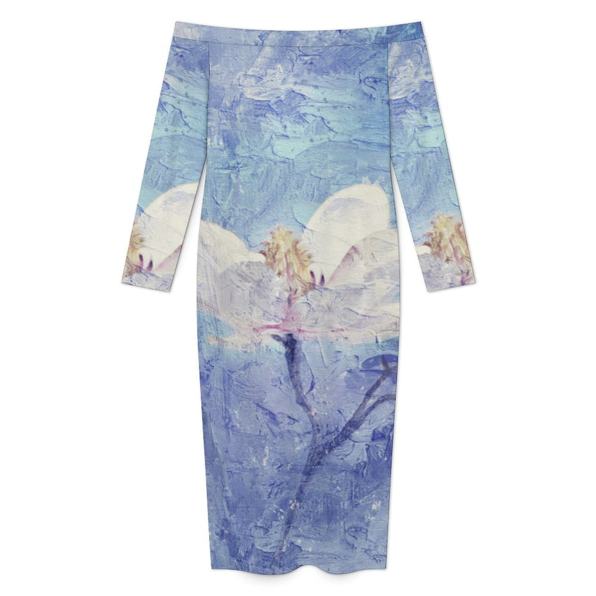 Off-shoulder Long-sleeved Dress Oil Painting, Purple, Flowers