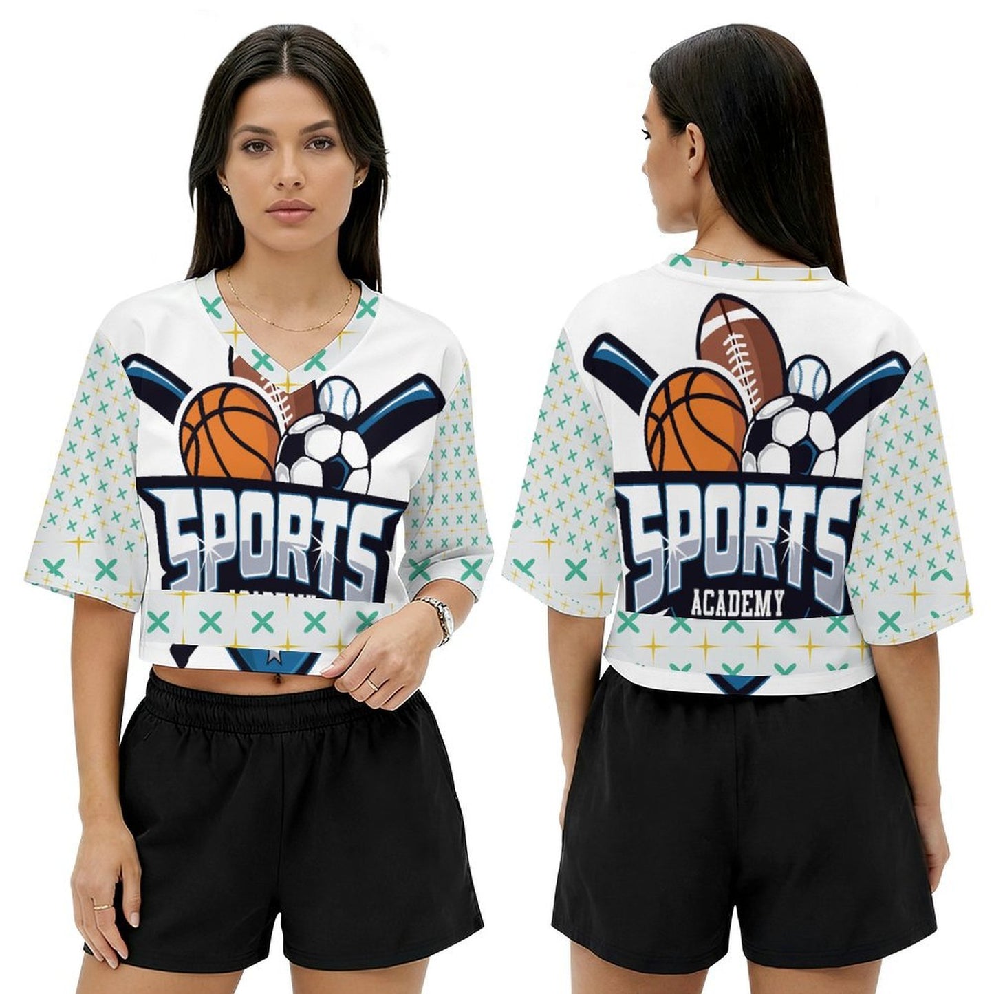 Jersey cropped de cuello en V personalizable para mujer con impresión térmica