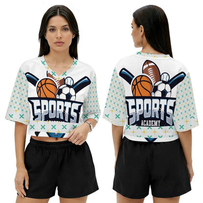 Jersey cropped de cuello en V personalizable para mujer con impresión térmica