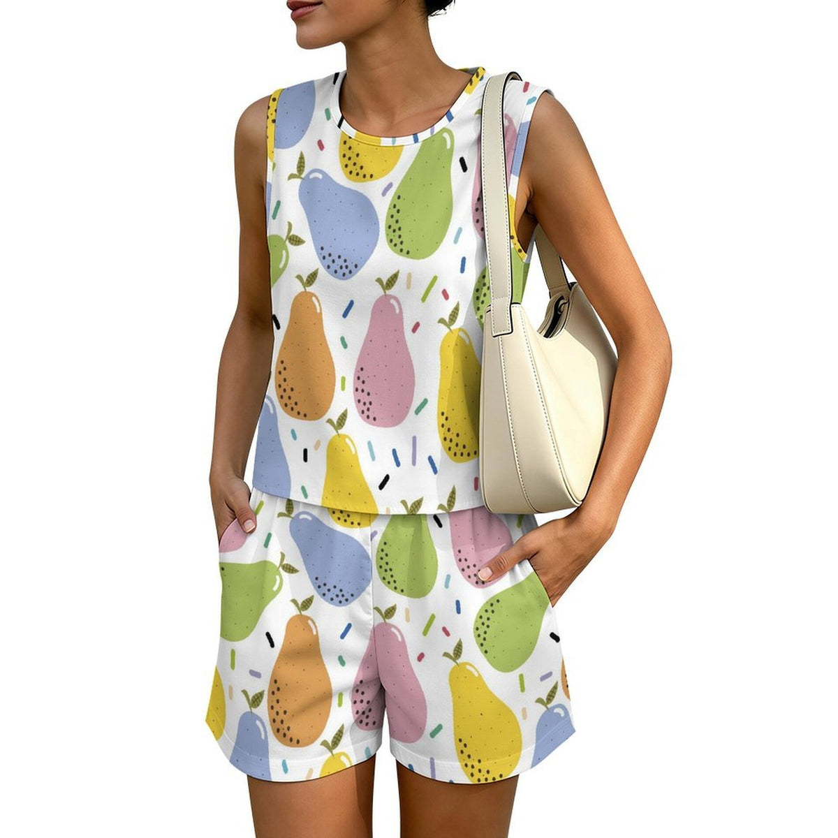 Imitation Linen Sleeveless Shorts Set Pear，colourful