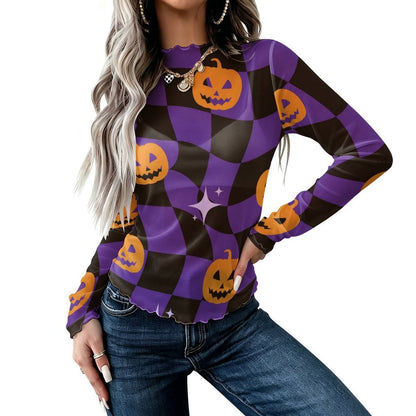 Blusa de Manga Larga con Cuello Alto y Tejido de Malla para Mujer
