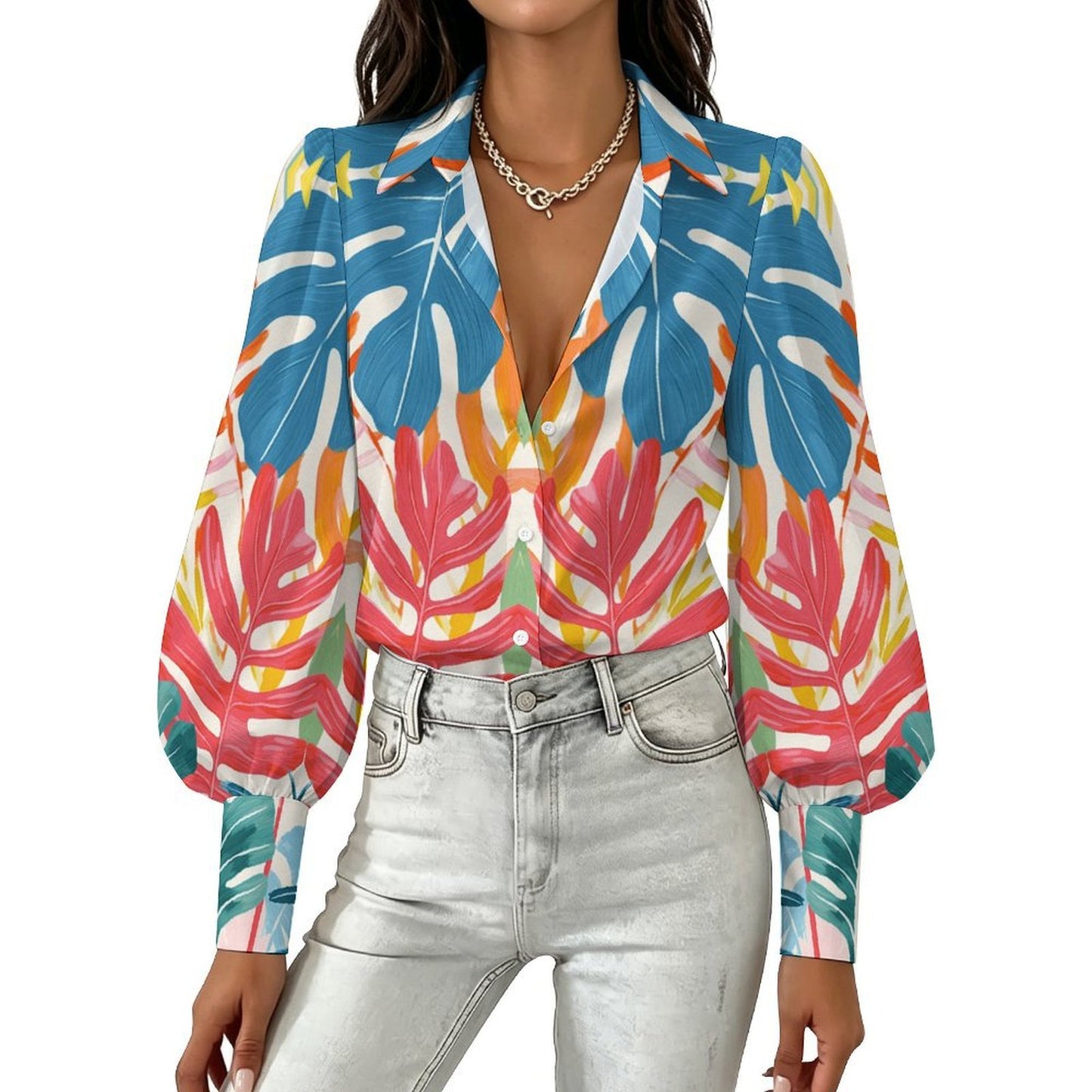 Blusa para Mujer con Mangas Globo y Estampado Personalizado en Tela Elástica
