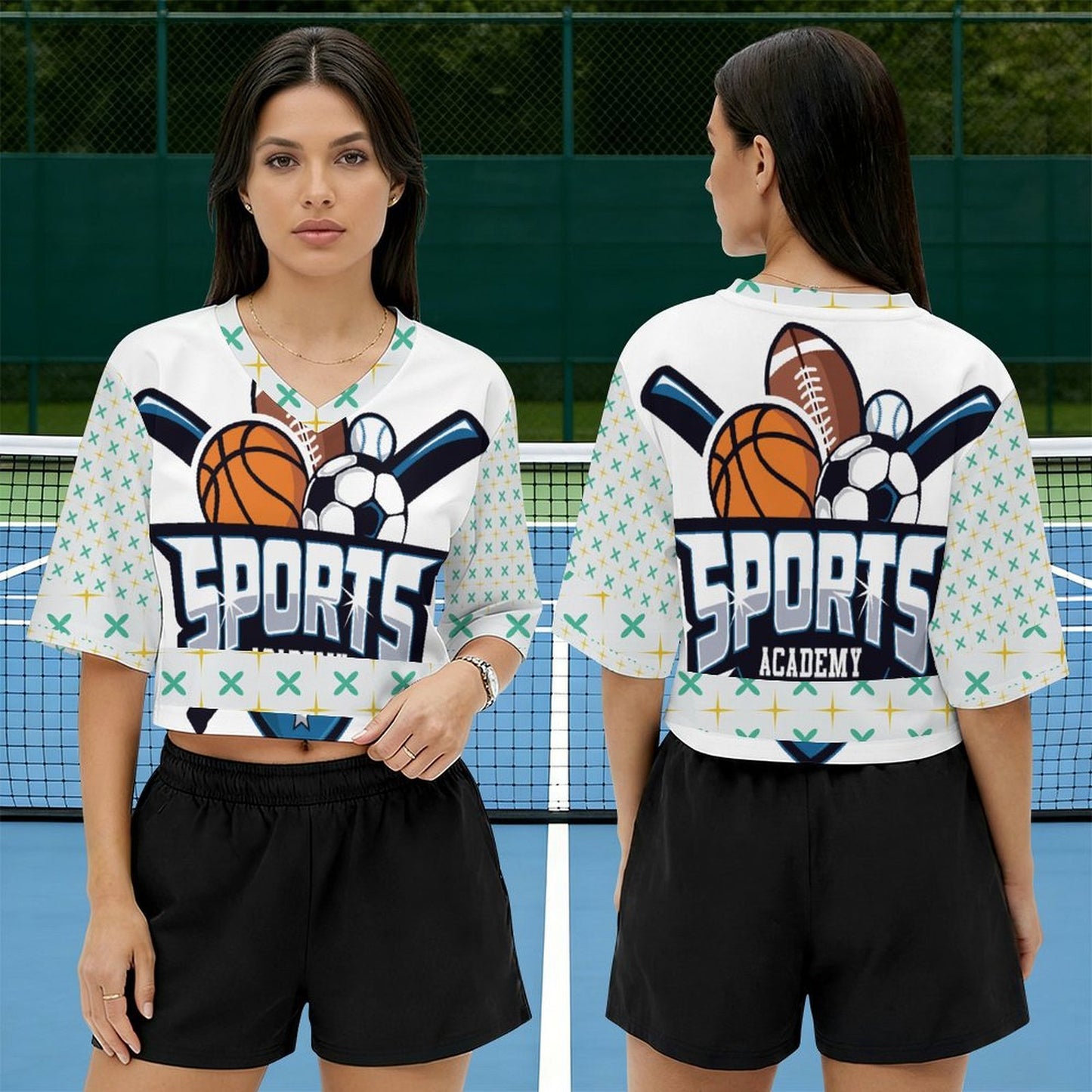 Jersey cropped de cuello en V personalizable para mujer con impresión térmica