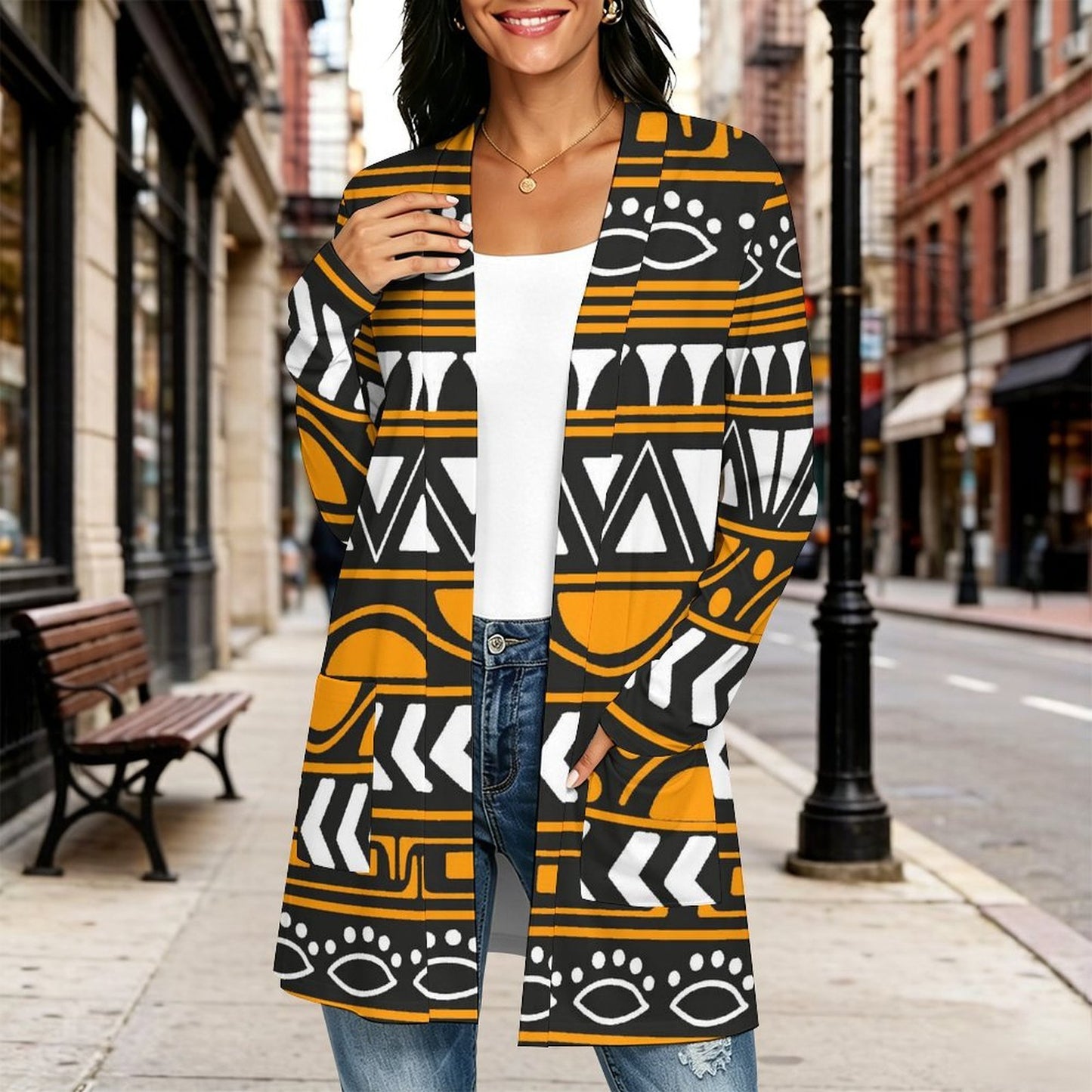 Long-sleeved Cardigan with Pockets African Pattern