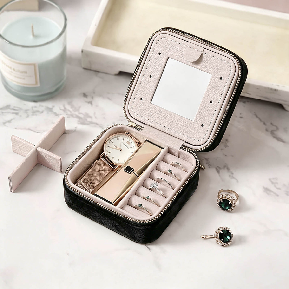 Estuche Cuadrado de Terciopelo para Joyería con Espejo Personalizable