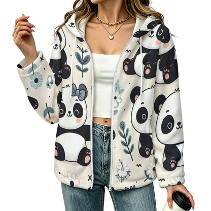 Fleece Jacket with Hood Panda, White Flower
