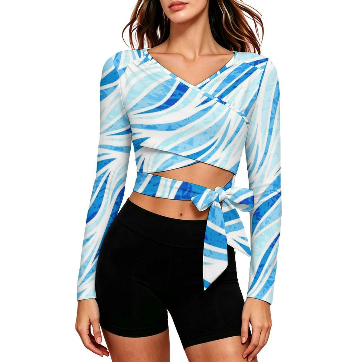 Bow-tied Fine Band Long-sleeved Top Water ，wave ，blue