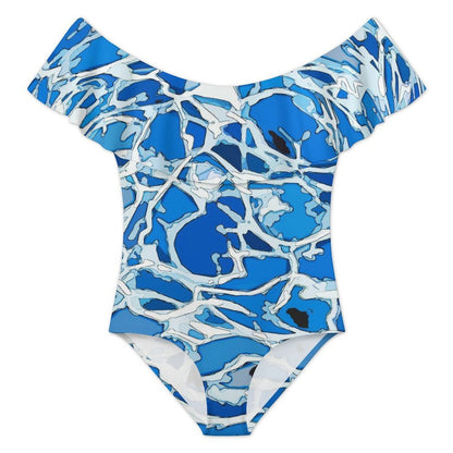 Traje de baño de una pieza personalizable con hombros descubiertos y olanes