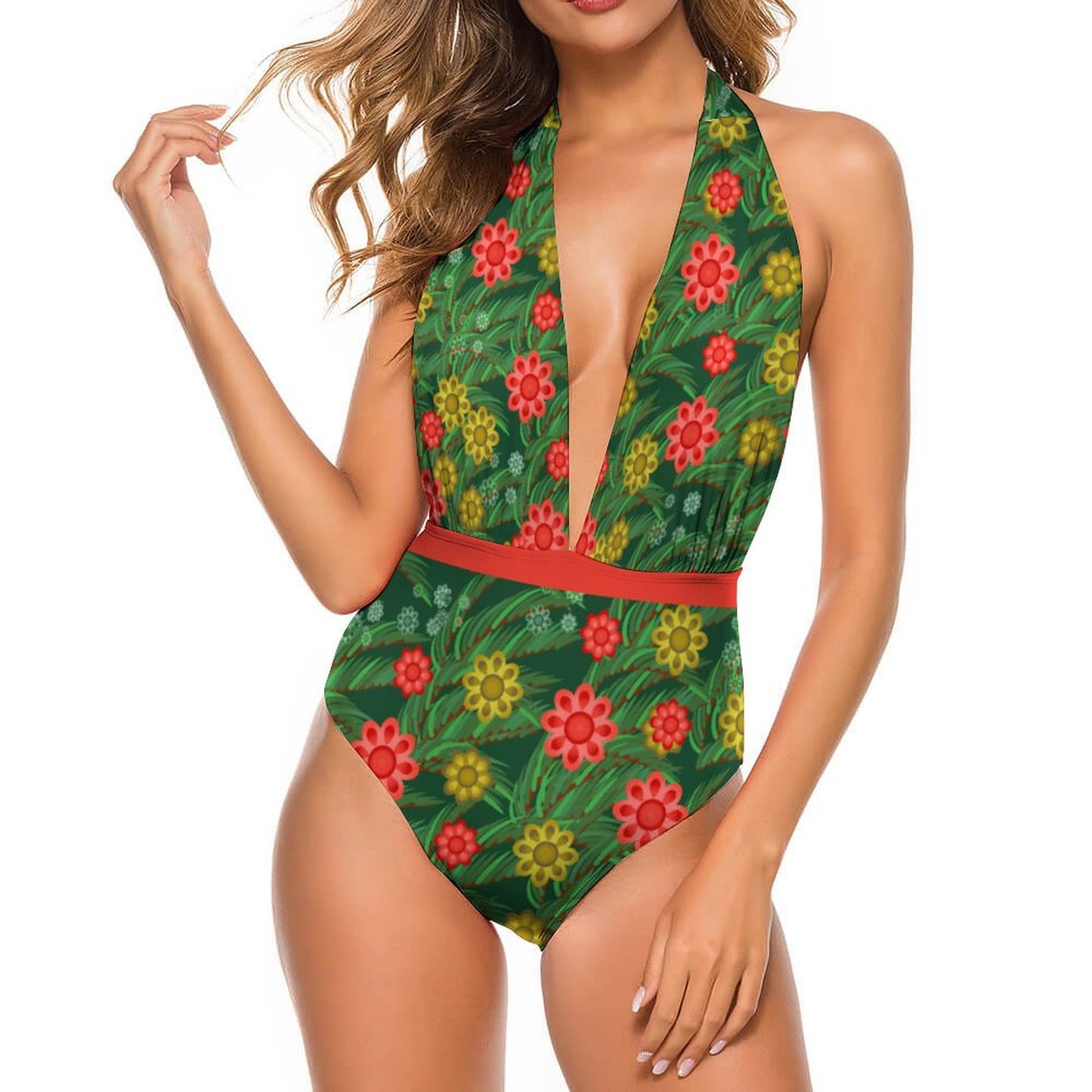 Deep V Neck Swimsuit Green Leaves, Flower Patterns