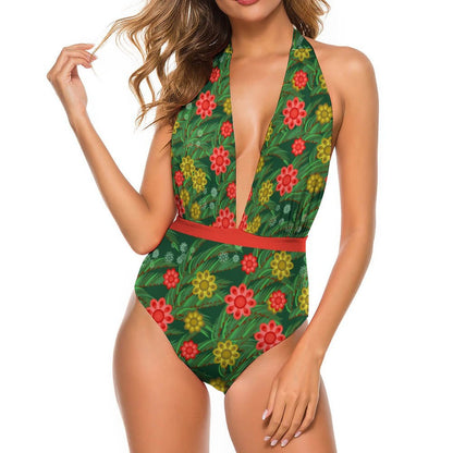 Deep V Neck Swimsuit Green Leaves, Flower Patterns