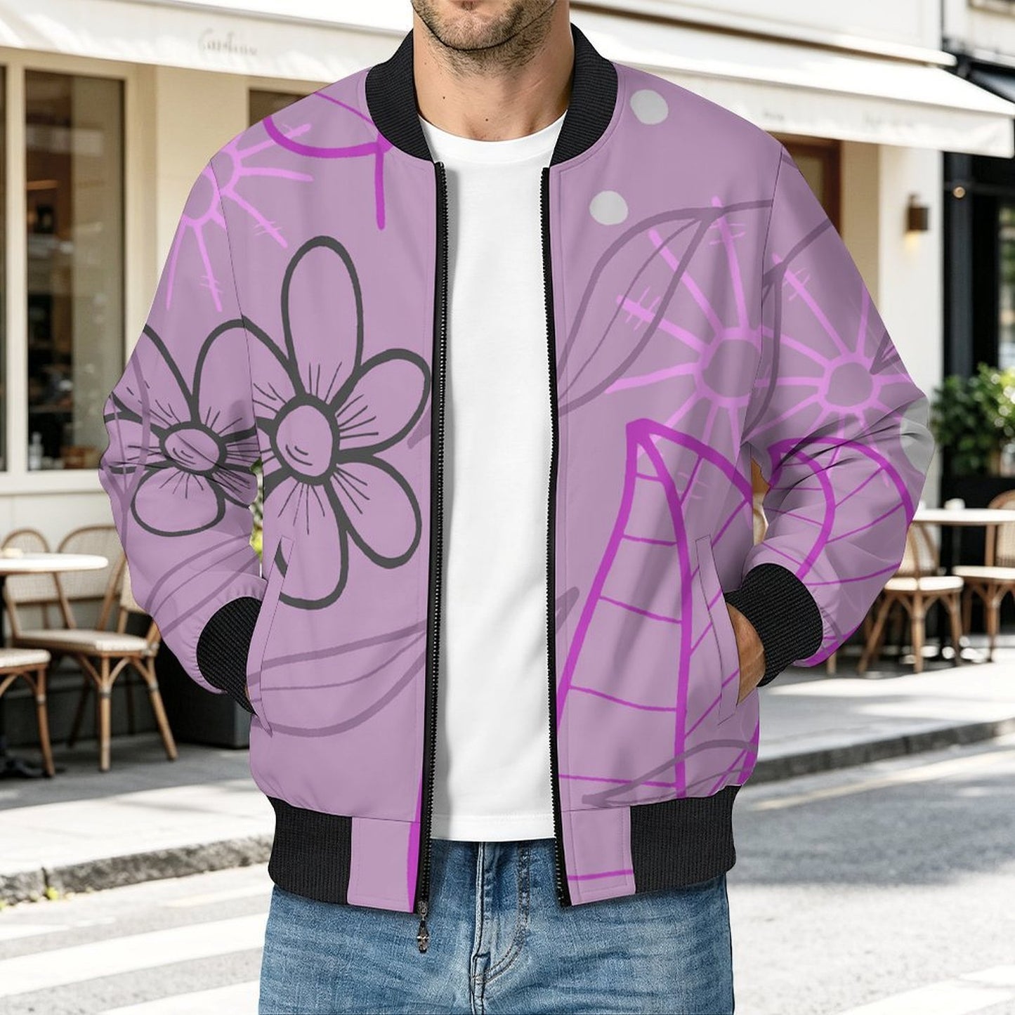 Lightweight Pilot Jacket Purple, Hand Drawn, Flower, Line