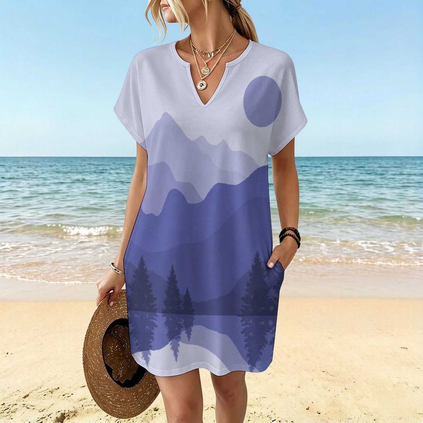 Women's Casual V-Neck Dress Nature View Paintings