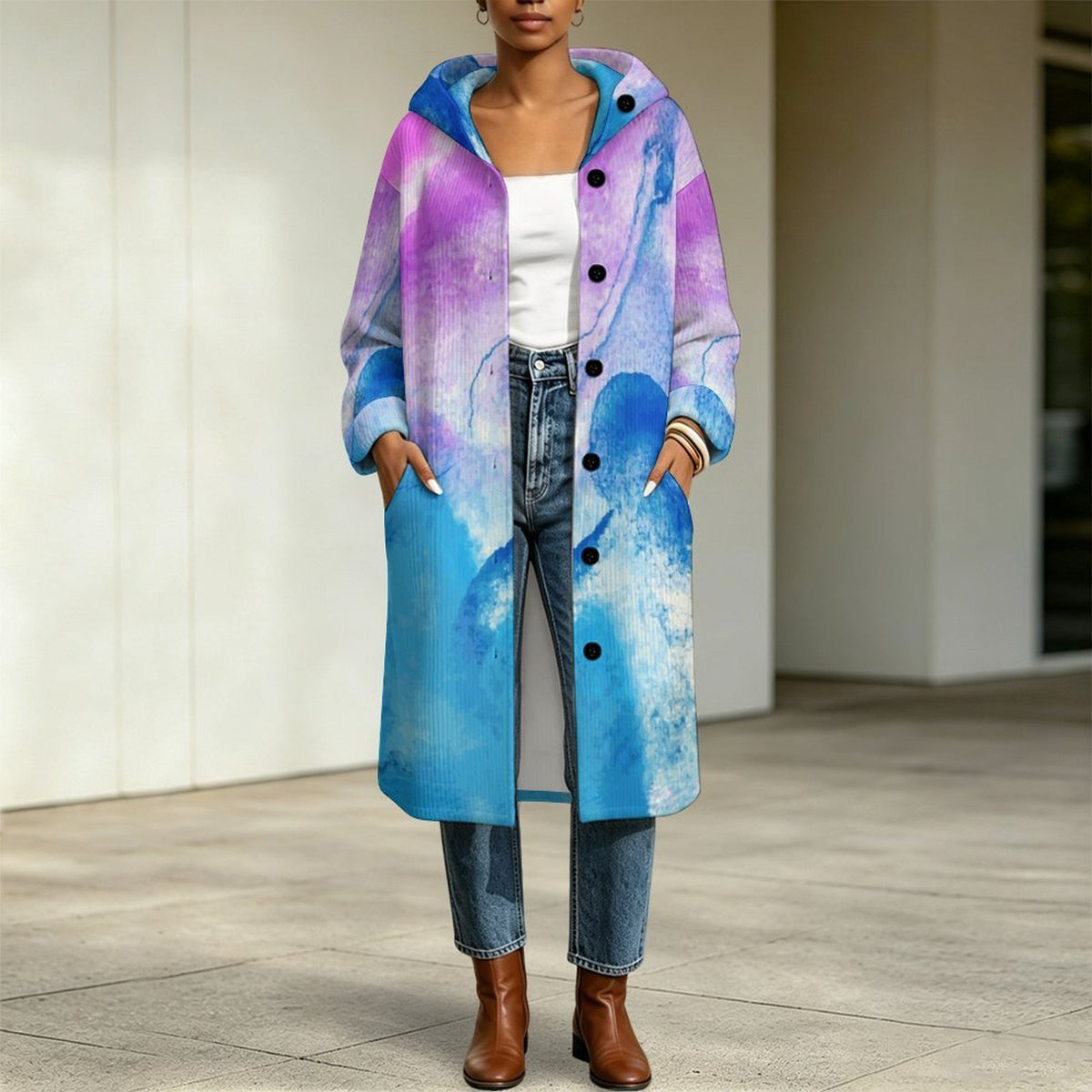 Long Lined Hooded Jacket Color Tie Dyeing