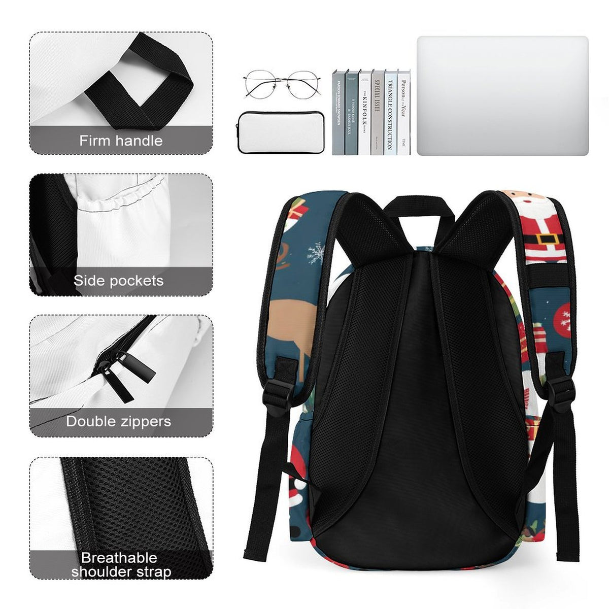 Half Printed Backpack Santa Claus, Gifts, Snowmen Style 42x30x15cm