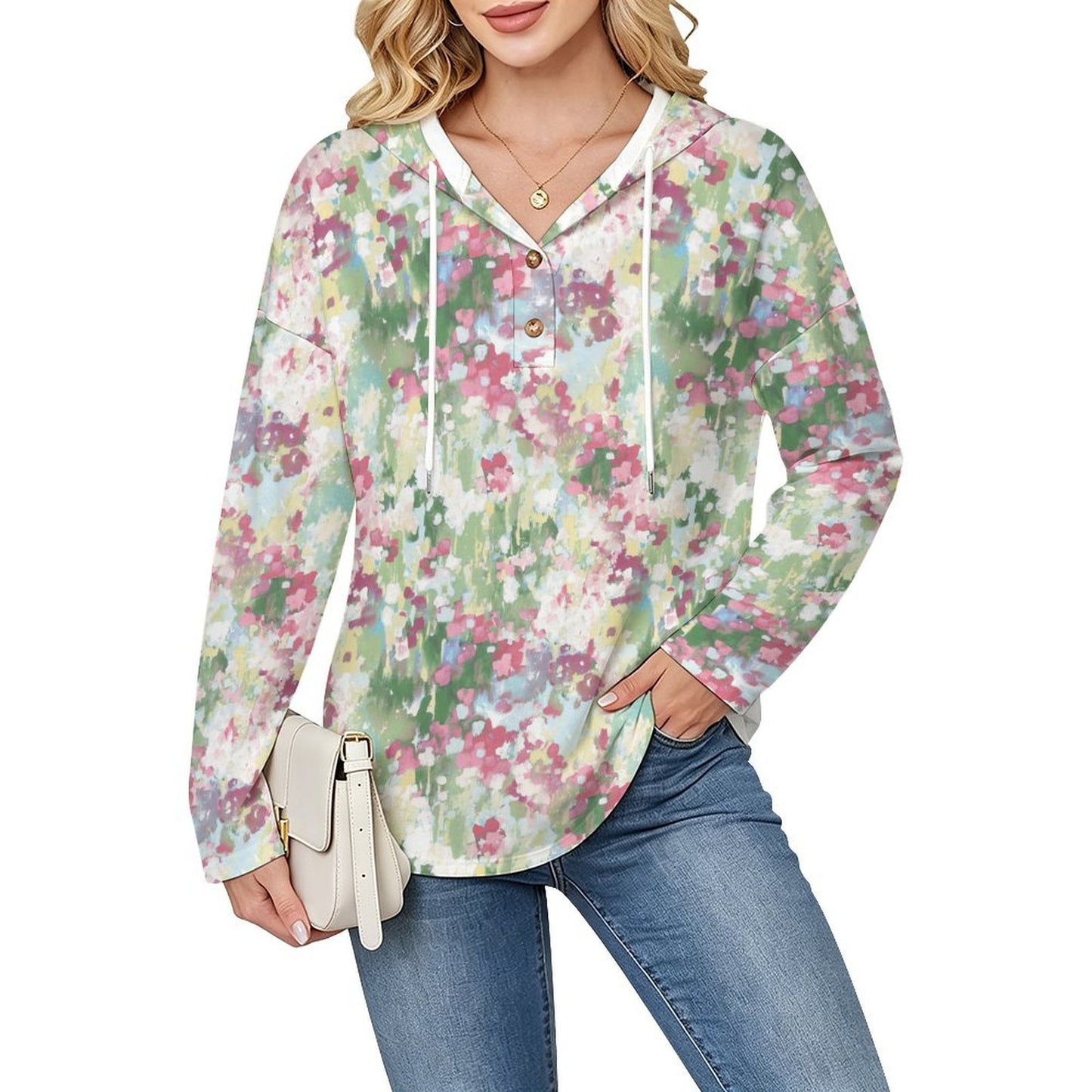 Sudadera con Capucha Cuello en V y Botones Personalizable para Mujer