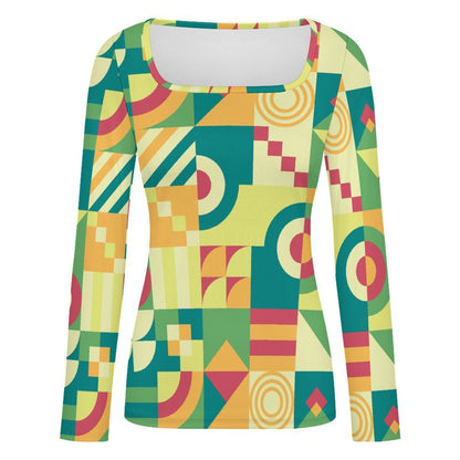 Women's Square Neck Long Sleeved Shirt Green, Puzzle, Abstract Pattern