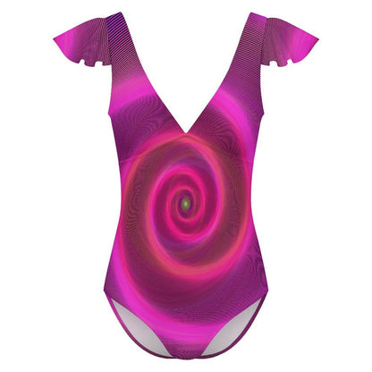 Traje de baño enterizo personalizable con cuello en V y mangas con holanes