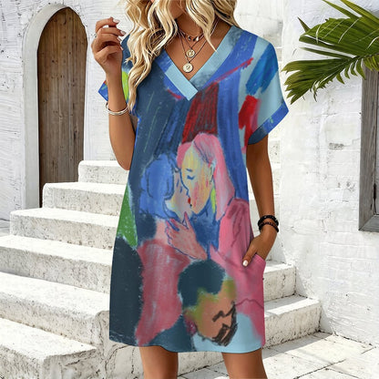 Vestido Casual de Mujer con Escote en V y Puños Doblados, Personalizable