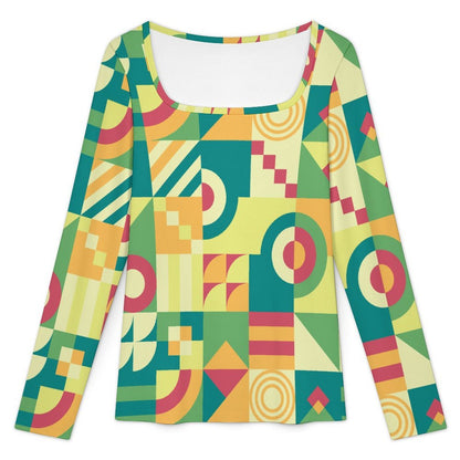 Women's Square Neck Long Sleeved Shirt Green, Puzzle, Abstract Pattern