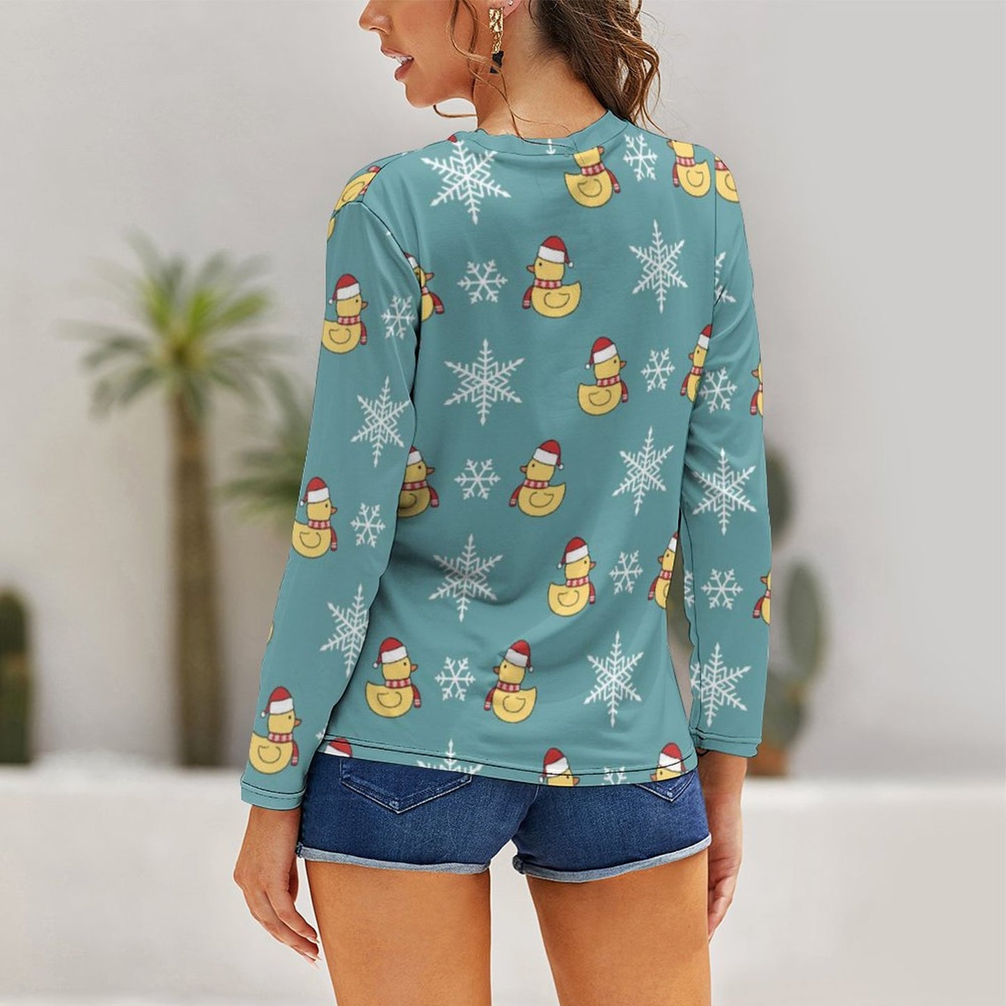 Women's Long Sleeve Shirt Merry Christmas Santa Duck Snowflake Blue