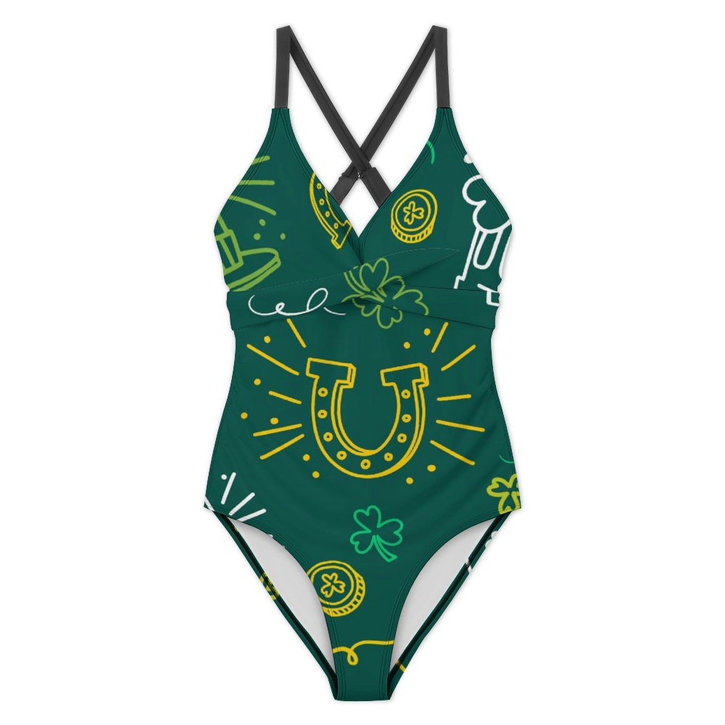 Backless One-piece Swimsuit Green, Clover, Graffiti Pattern