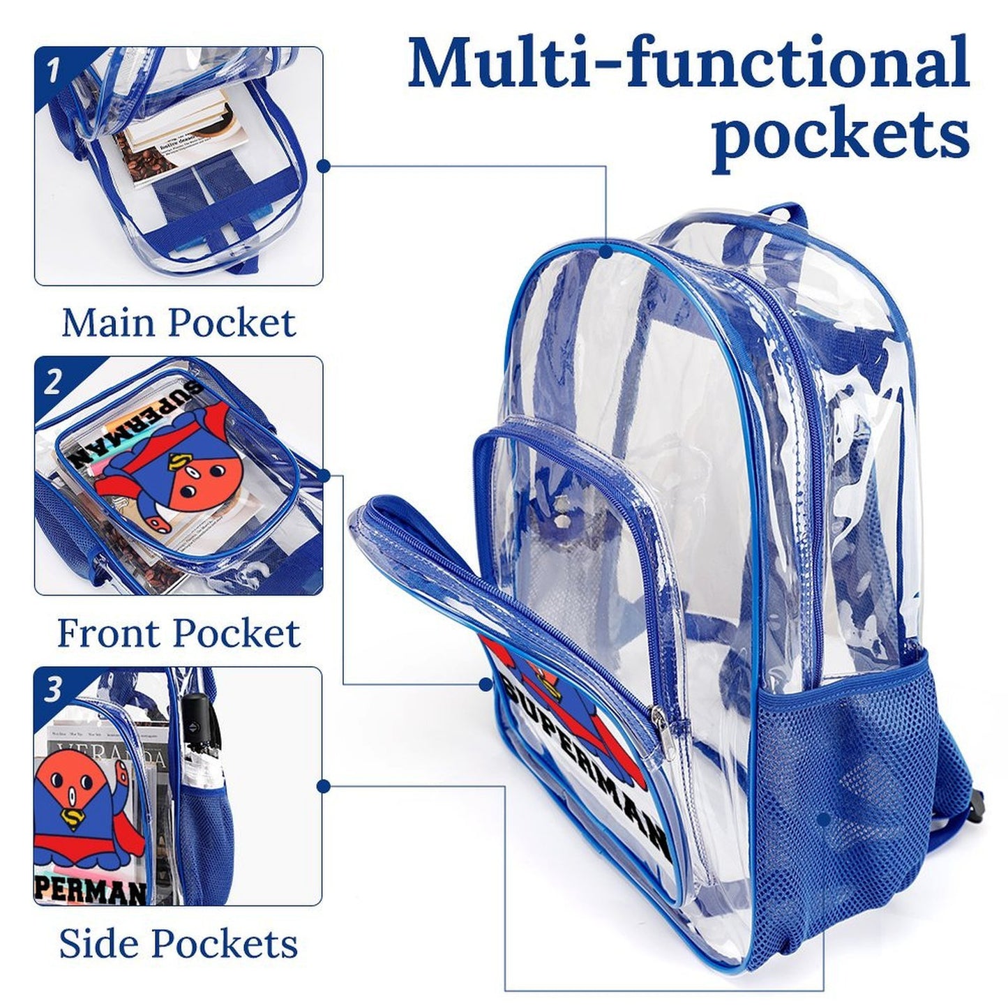 Mochila Transparente con Bolsillo de Malla Personalizable UV